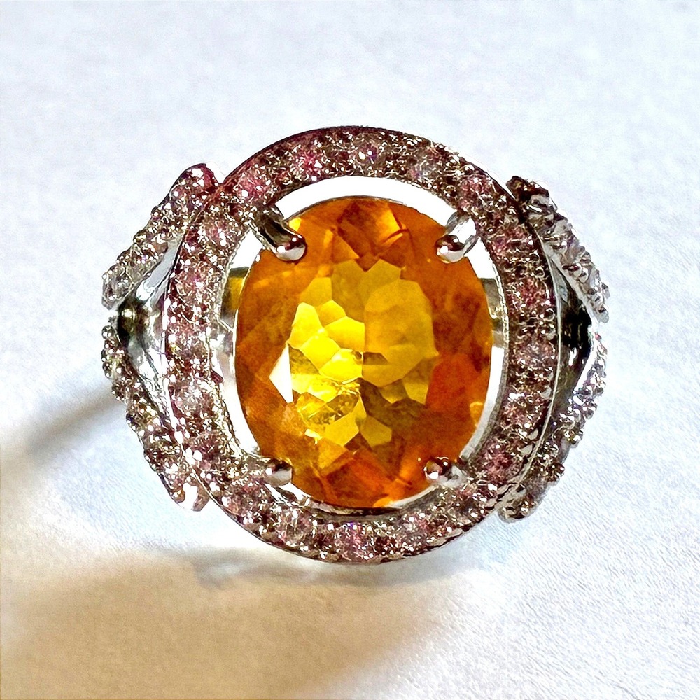 Citrine Yellow Glass Oval Halo Cocktail Ring Vintage 925 Sterling Silver Size 6
